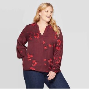 Ava & Viv - Women’s Maroon Floral V-Neck Blouse - Size 2X